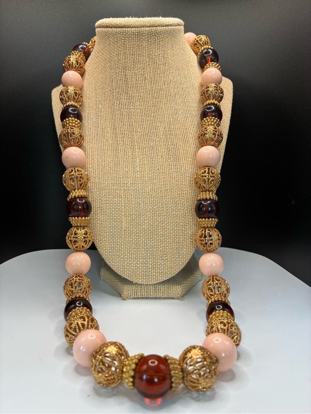Vintage Gold & Amber Chunky Filigree & Peach Bead Statement Necklace